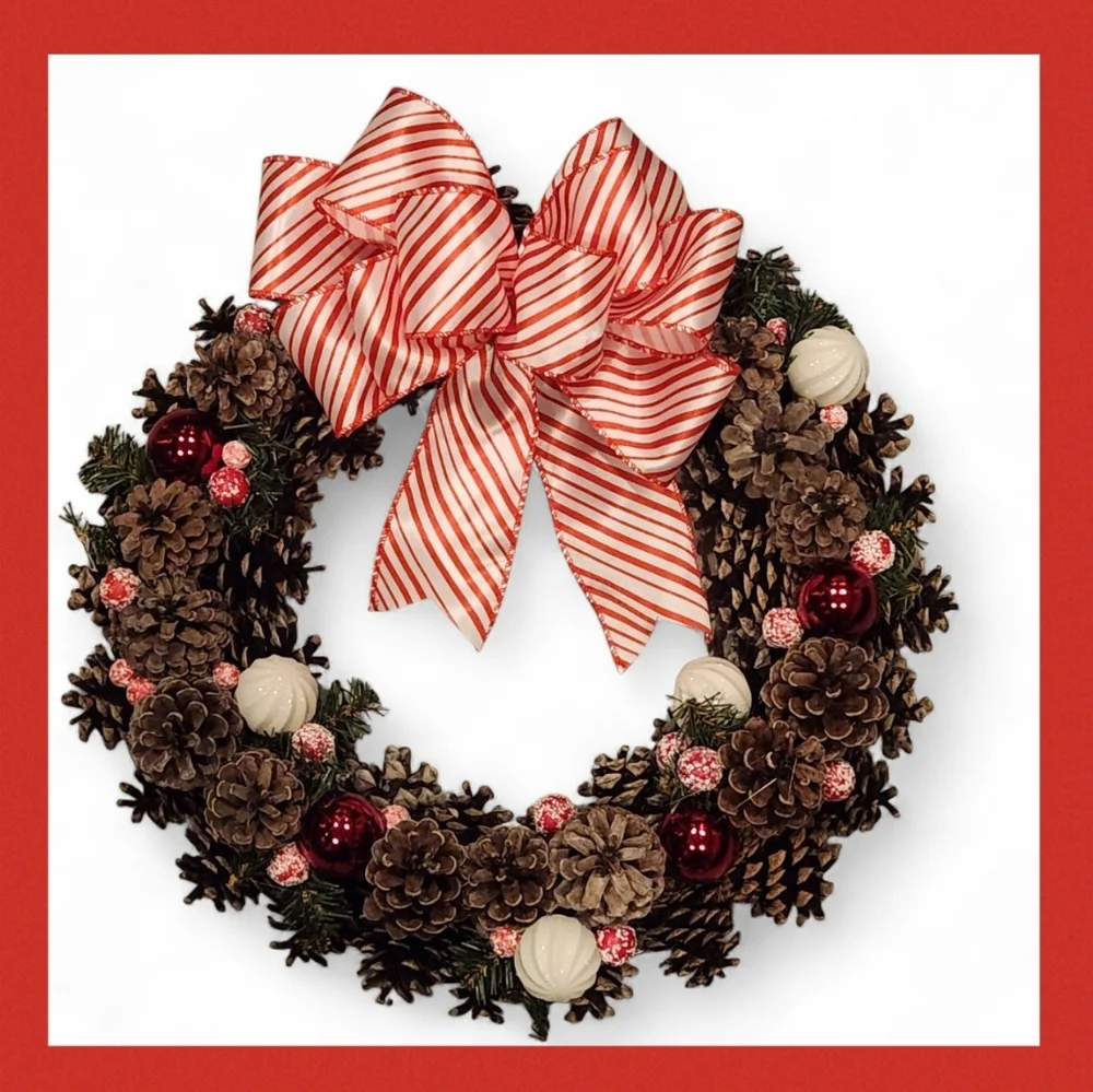Peppermint Red & White Festive Pinecone Wreath